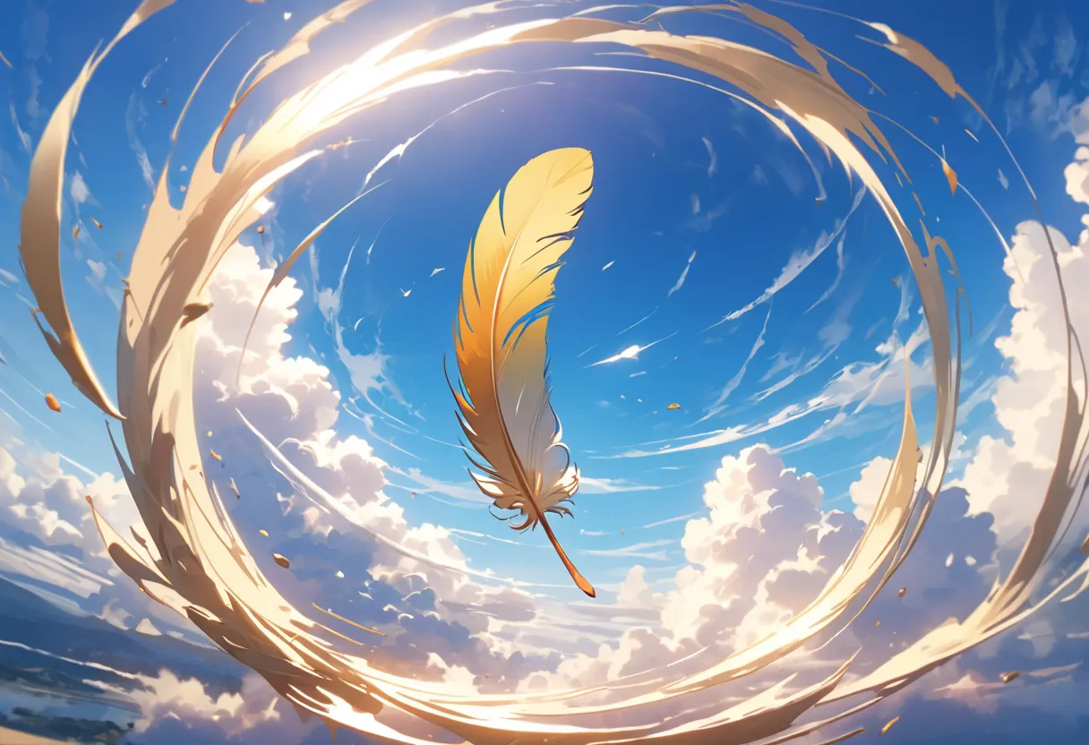  masterpiece、(Highest quality、High Resolution、4K、Created in 8k)、( real 、Photorealistic:1.5)、((((A Floating Feather))))、七colorの羽が舞う、color々なcolorの羽が舞う、wind、rotate、blue sky、Dramatic light、 real な自然、dynamic composition、Atmosphere、パステルなcolor調、bright vibe、oil pa...