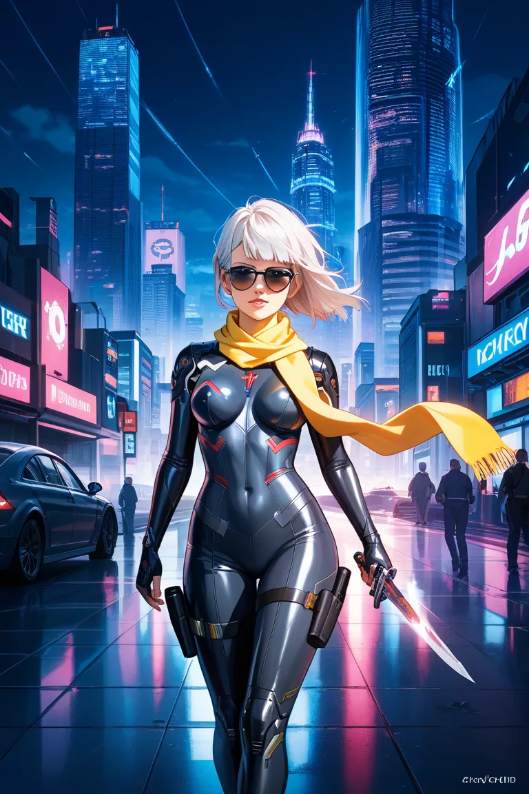 Beautiful Girl、Jet black sunglasses like Nero from the Matrix、Black leather rider suit、yellow scarf fluttering in the wind、Dagger in left hand、Futuristic bike 、 Night view of the city 