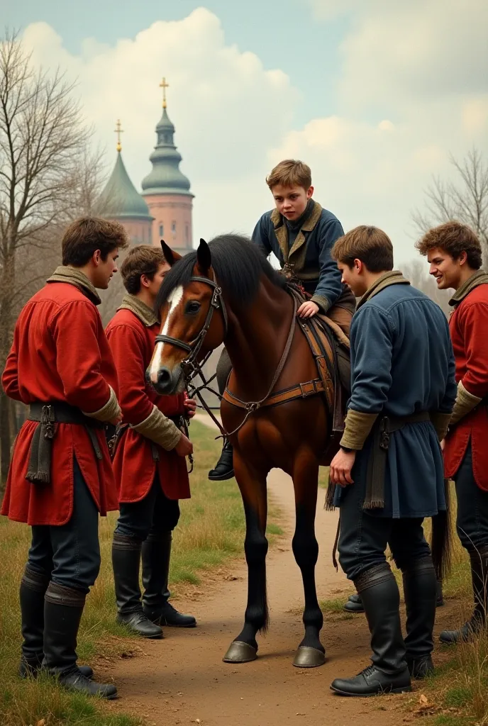 Petersburg 19th century. There is an old horse outside and next to the horse is a crying , , hugging this horse. Angry adult men in red and blue clothes stand around a boy and a horse looking at the boy, hugging a horse. In the background, you can see a ch...