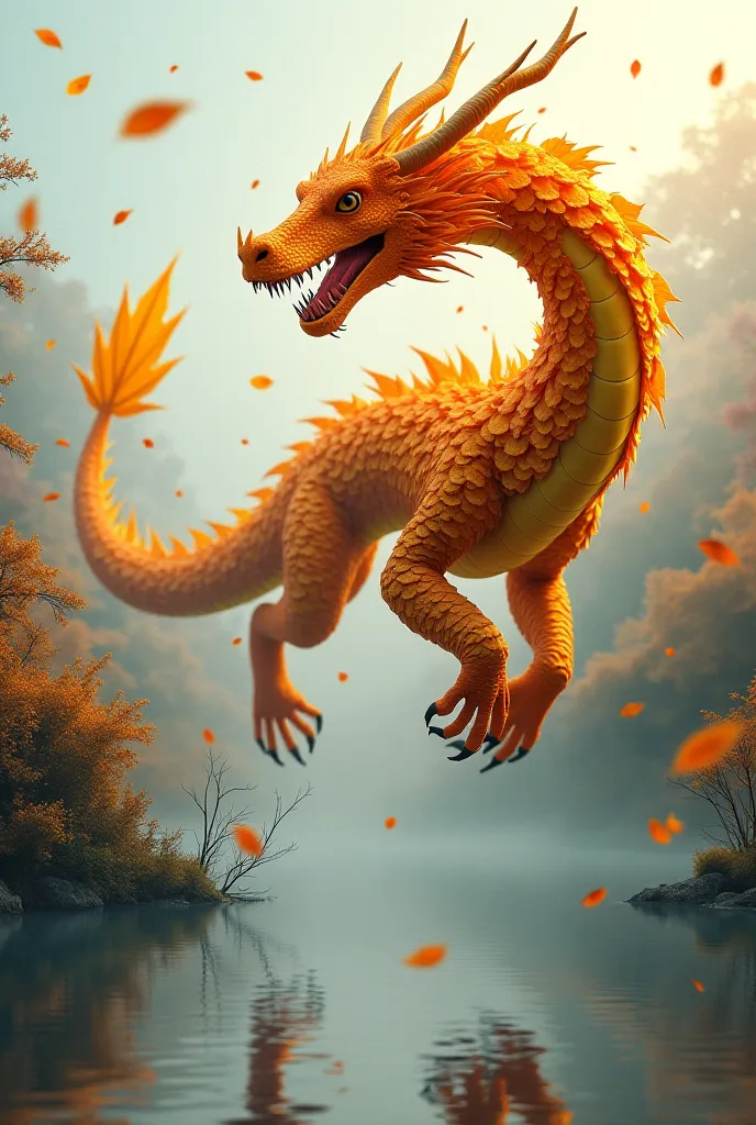 A dragon made of autumn leaves flying over a misty lake