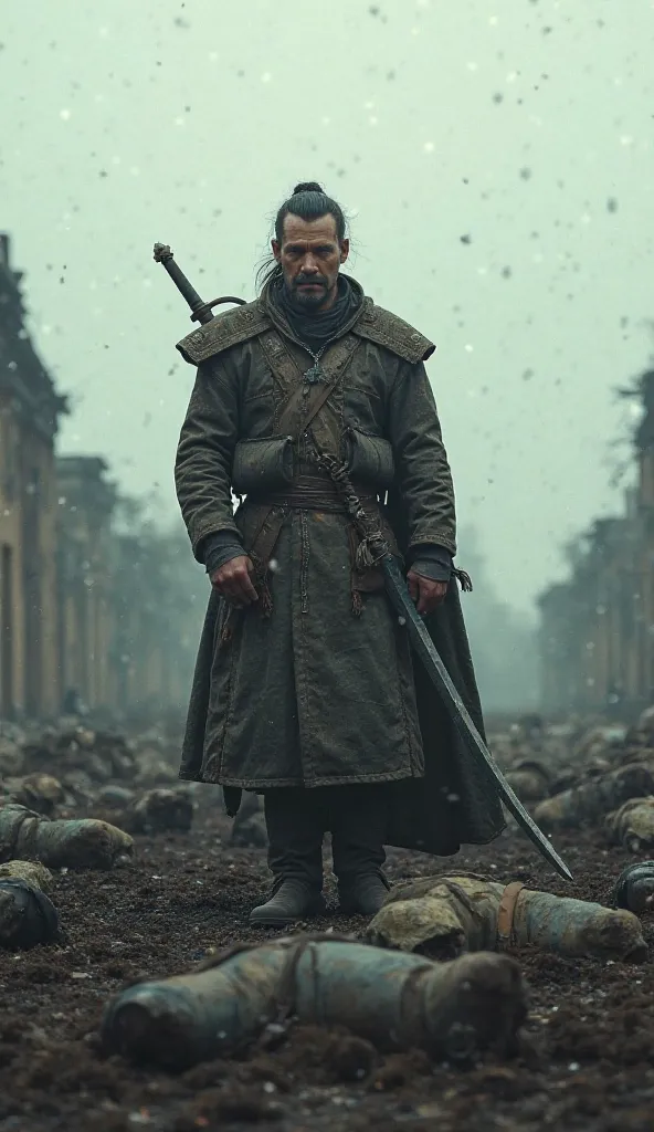 "A lone Mongolian warrior standing defiantly amidst fallen comrades, symbol of bravery and sacrifice"
 WWII CINEMATIC