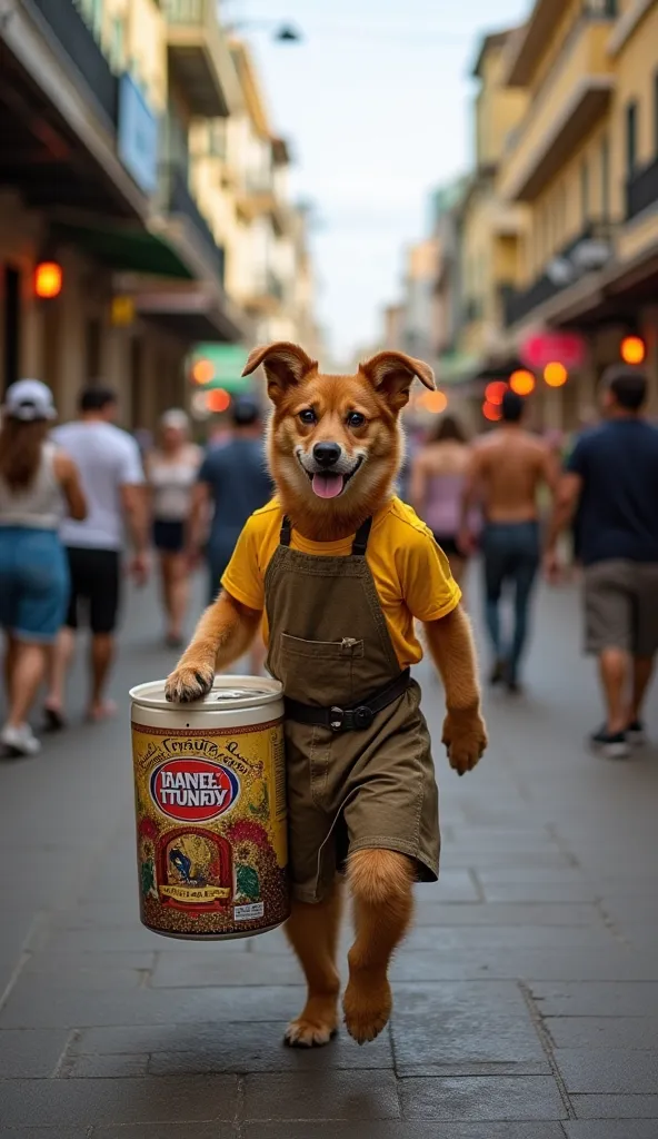 a typical Brazilian mixed-breed dog with caramel color and shaved fur, he is wearing an apron, he is on a busy street, he is selling cans of beer, you can see him carrying a very large cooler, people are going towards him to buy drinks, there are carnival ...