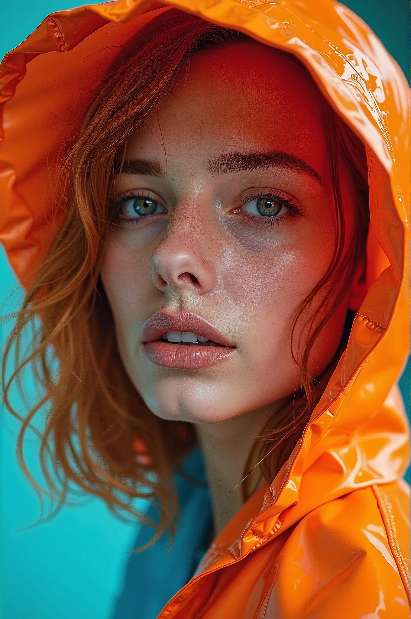 Fashion close of redhead woman model, black hair, dimensional light, completely symmetrical, with raincoat in neon colors on her head.