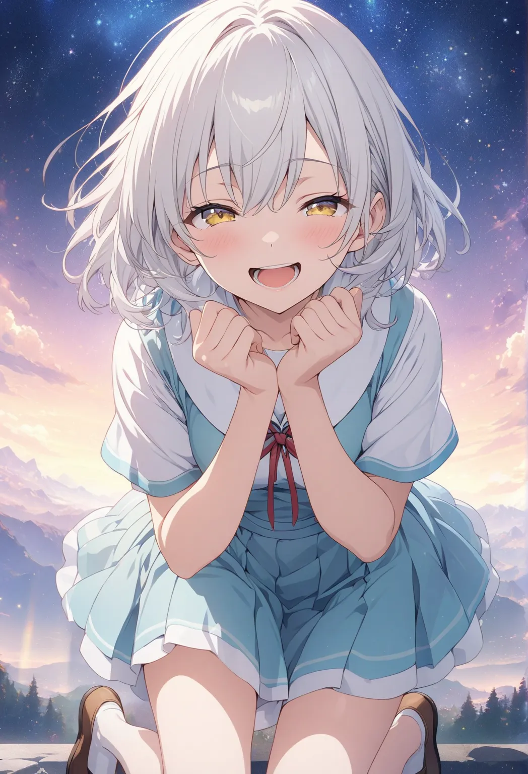 masterpiece, Highest quality, Highly Detailed CG Unity 8k Wallpaper,  starry sky background, anime illustration of a high school girl. Attractive Pose、Close your eyes、is opening his mouth, smile.  The background is a pastel colored landscape, White hair co...