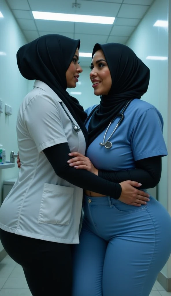 2 Two muslim womn   shiny  , big breasts, showing long tone transparent  (2woman,45 years Old, Hijab Indonesian mature woman, Big  : 12.9, doctor suit,curvy body, full body, sharing lustful kiss, hug and groping bteas, professional shot, at doctor office.b...