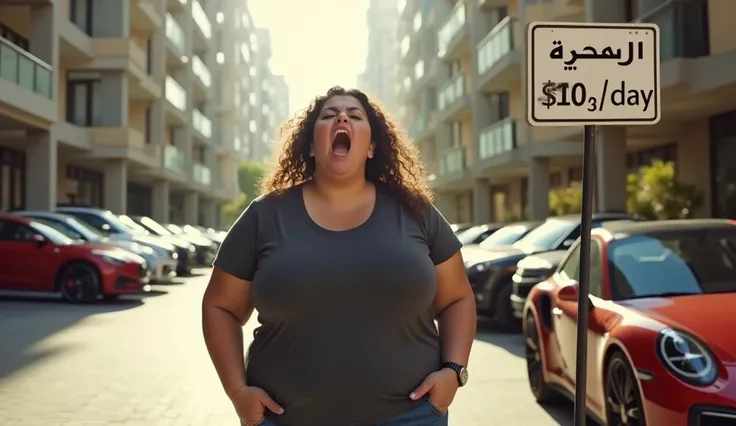 A furious fat woman screaming in front of a parking area at a luxury apartment complex. The setting is upscale, with modern architecture and high-end cars parked nearby. The scene captures the intensity of her emotions  and well-lit environment.Next to her...