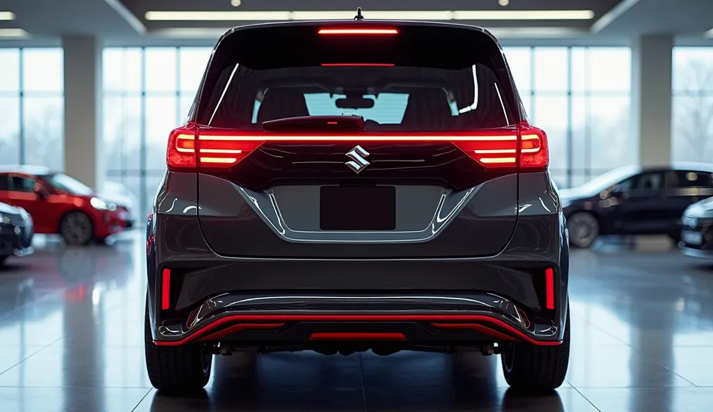 "A high-quality, futuristic luxury MPV with a bold and stylish rear design. The vehicle features a glossy black and red dual-tone finish, sleek LED taillights connected by a chrome strip, and a sculpted rear bumper with sporty accents. The rear windshield ...