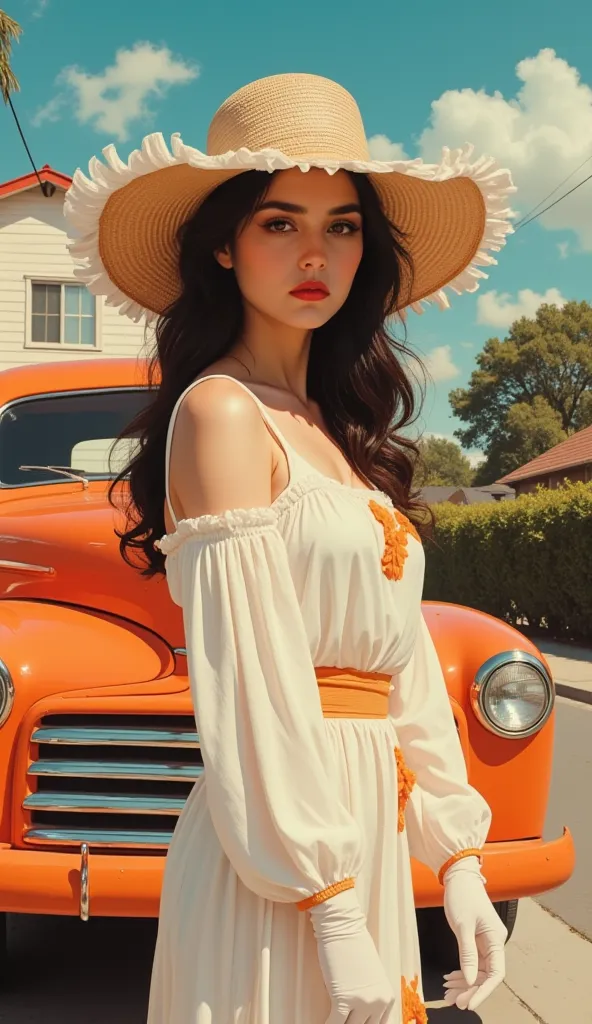 The image is a painting of a young woman standing in front of an orange vintage car. She is wearing a white dress with orange flowers on it and a large straw hat with a wide brim. The woman has long dark hair styled in loose curls and is wearing red lipsti...