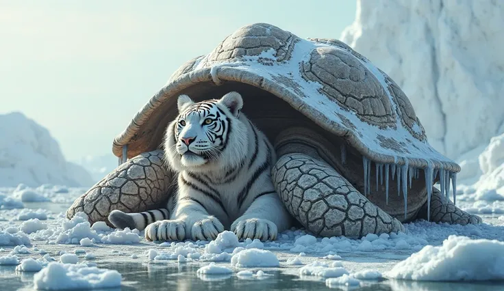 "A hyper-realistic digital artwork of a giant, aged tortoise shell resting on a frozen Arctic landscape. Inside the shell, a majestic white tiger is partially emerging, as if it is using the shell as a protective home. The shell has visible cracks, patches...