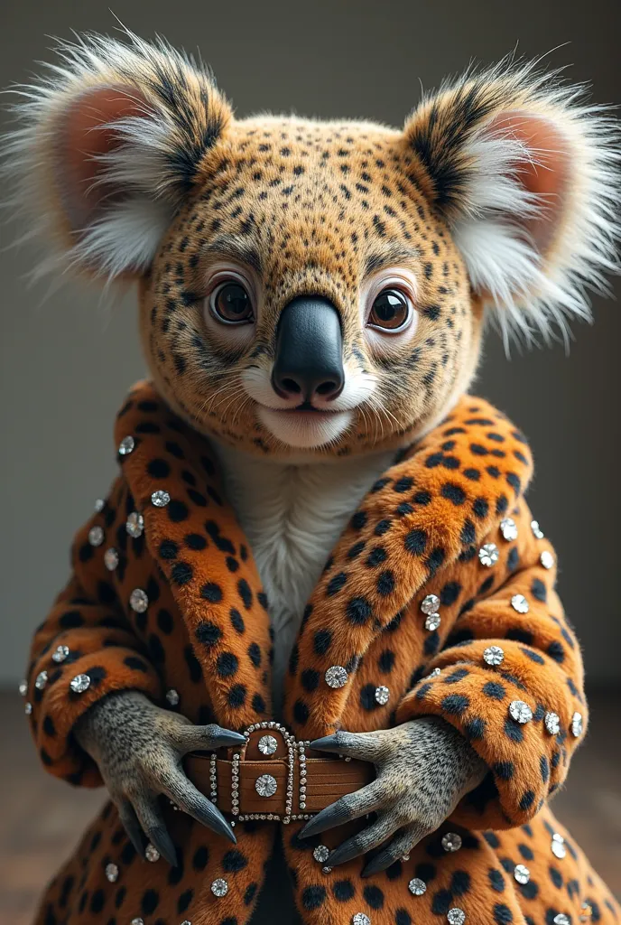 leopard print koala decorated with diamonds looking straight 