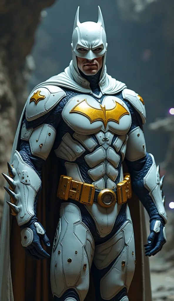 Realistic image in high quality, Batman wearing new costume, the costume is white and gold, the costume has blue stripes, the costume has visible mechanical gears, the costume has gold in its composition, Batman is in a cave, it is possible to see computer...