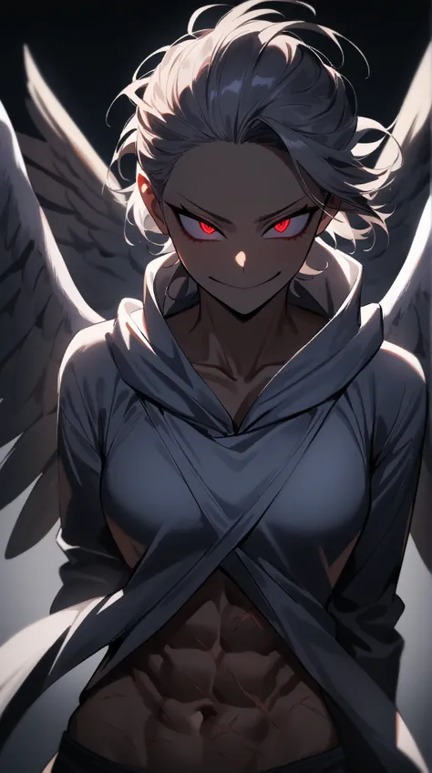 1teenager, female focus,athletic body, tall, fair skin,slick back hair,silver hair with red highlight,hazel eyes, creepy eyes,boku no hero academia,flying in sonic boom, engulf in grace,eyes on camera,white robe,two large angelic wings,masterpiece, best qu...