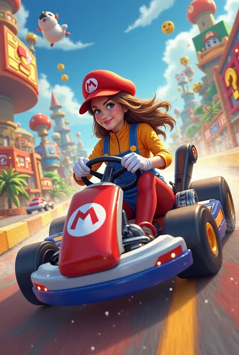 Woman in Mario karting as a video 