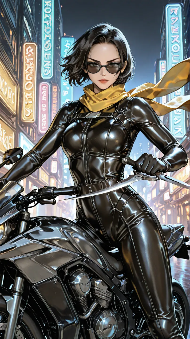 Beautiful Girl、Jet black sunglasses like Nero from the Matrix、Black leather rider suit、yellow scarf fluttering in the wind、Dagger in left hand、Futuristic bike 、 Night view of the city 