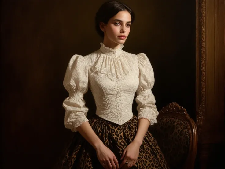 brocade_victorian_blouse,lace_collar,cinched_waist,puff_sleeves,delicate_embroidery,high_neck,elegant_posture,serene_expression,photorealistic,8k,ultra_detailed,dramatic_lighting,ornate_victorian_interior,warm_color_palette,chiaroscuro_effects,portrait_pai...