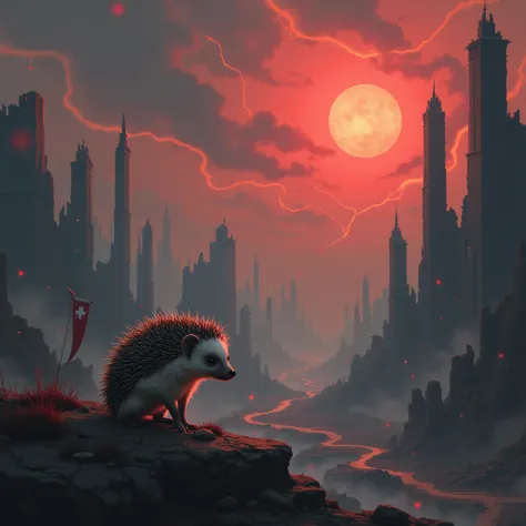 A tiny hedgehog lies on top of the ruins of an ancient citadel, her coat is white and her quills dark brown. A blood-red sun bleeds across the horizon, casting jagged shadows over the broken land, where shattered monoliths rise like the bones of a long-dea...