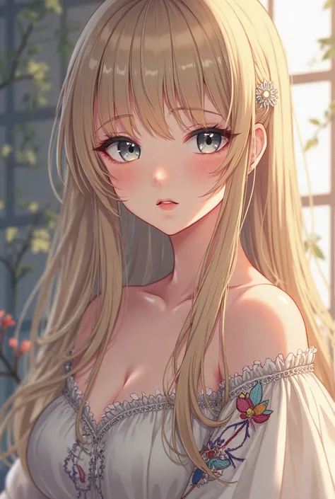  Anime style girl.  embroidery on the sleeves long blond flowing hair. Deep ash-colored gray eyes. 