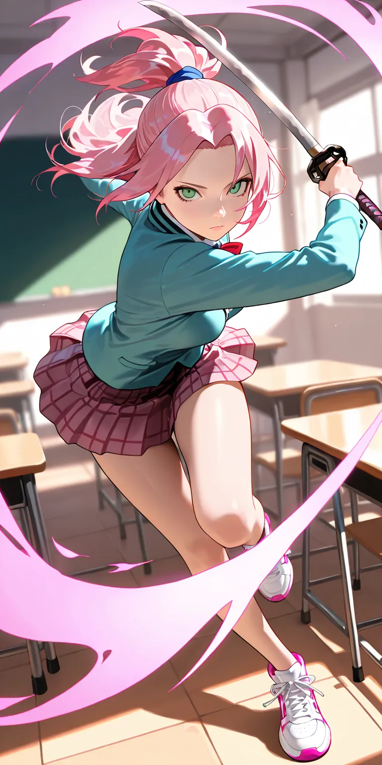 Masterpiece, newest, vibrant, very aesthetic, high contrast, mature woman, sakura haruno, light green eyes, pink hair, high ponytail long hair, white color high school uniform, pink color mini pleated skirt, white color sneakers, full body, expressionless,...