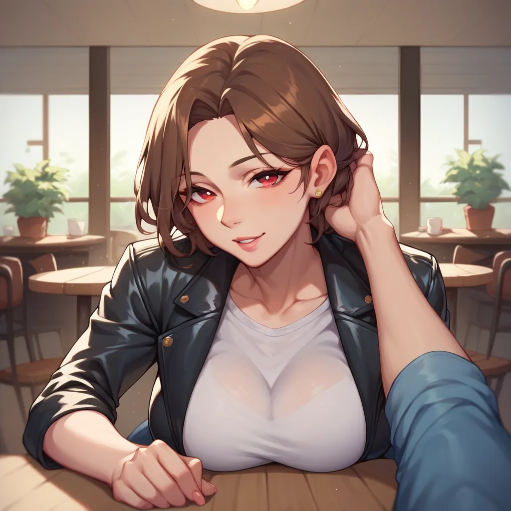 a MILF with brown hair and red eyes. she is wearing a black leather jacket, a white shirt and blue jeans. she has your dick inbetween her tits while in a cafe. pov