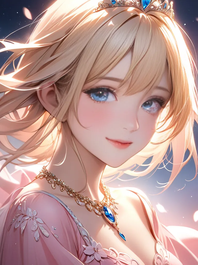 1girl,star blue eye,blush,perfect illumination,upper body,3DMM,blonde hair,long hair,jewelry,gradient pink background,pink dress,earrings,pink dress,realistic,necklace,looking at viewer,tiara,pink lips,light smile,unreal engine,side lighting,detailed face,...