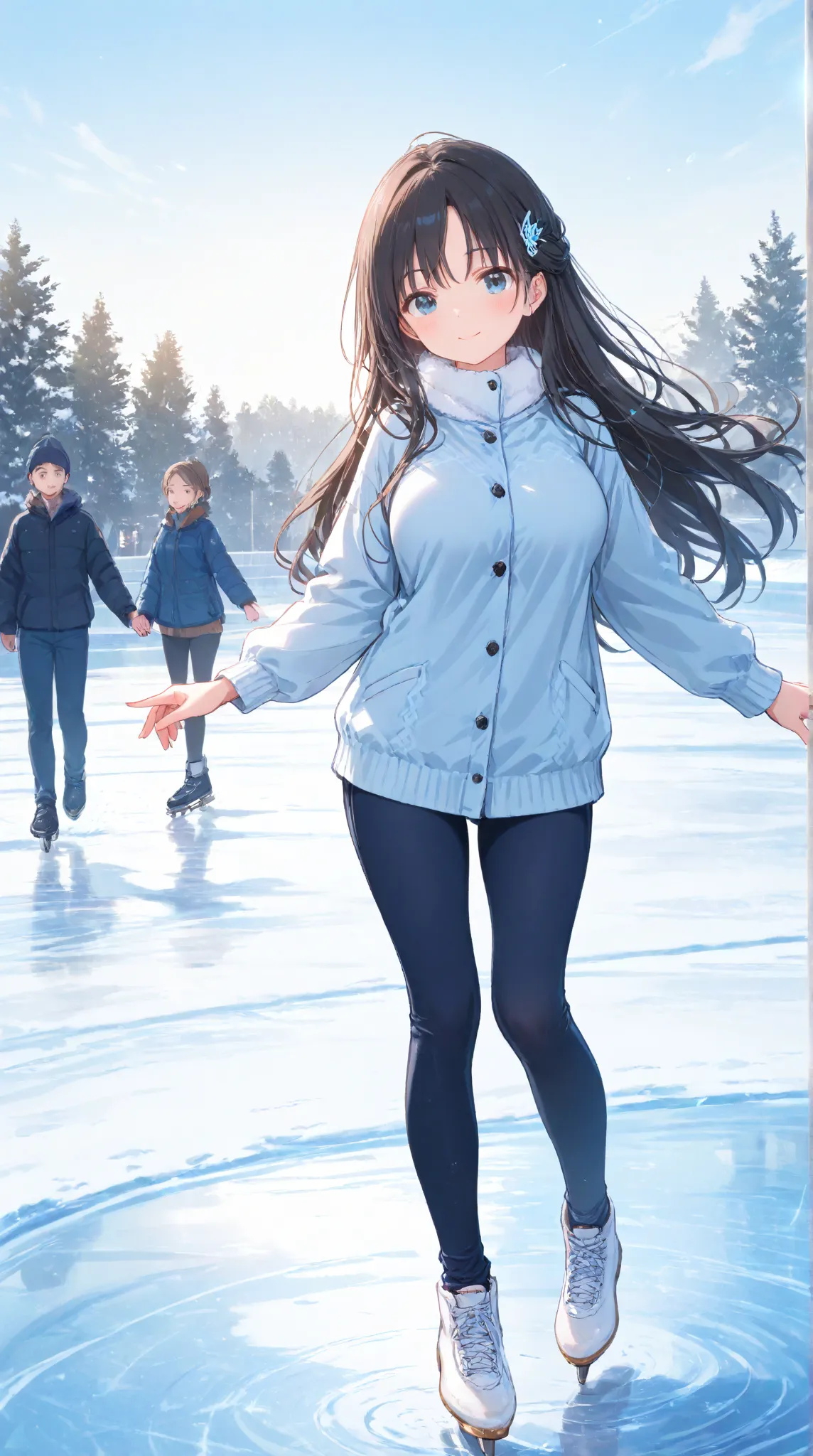 masterpiece,large breasts, long hair, (black hair1.5) , bangs, （1girl1.5）, 青リボン、Blue hairs ornament, 18 years old、breast focus、looking at viewer，full body，　ice skating, skaters gliding gracefully on frozen lake, ren learning to skate, warm winter clothing,...