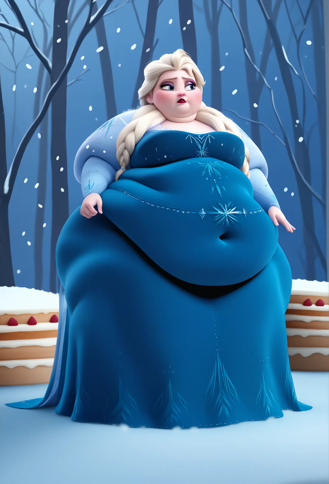 score_9, score_8_arriba, score_7_arriba, score_6_arriba, score_5_arriba, score_4_arriba, BREAK
1girl, Elsa (obese body) \(Frozen\), high, prominent neck,   gained some weight , and got a plump blue dress,  chubby belly,  by the blond hair, hair over the sh...