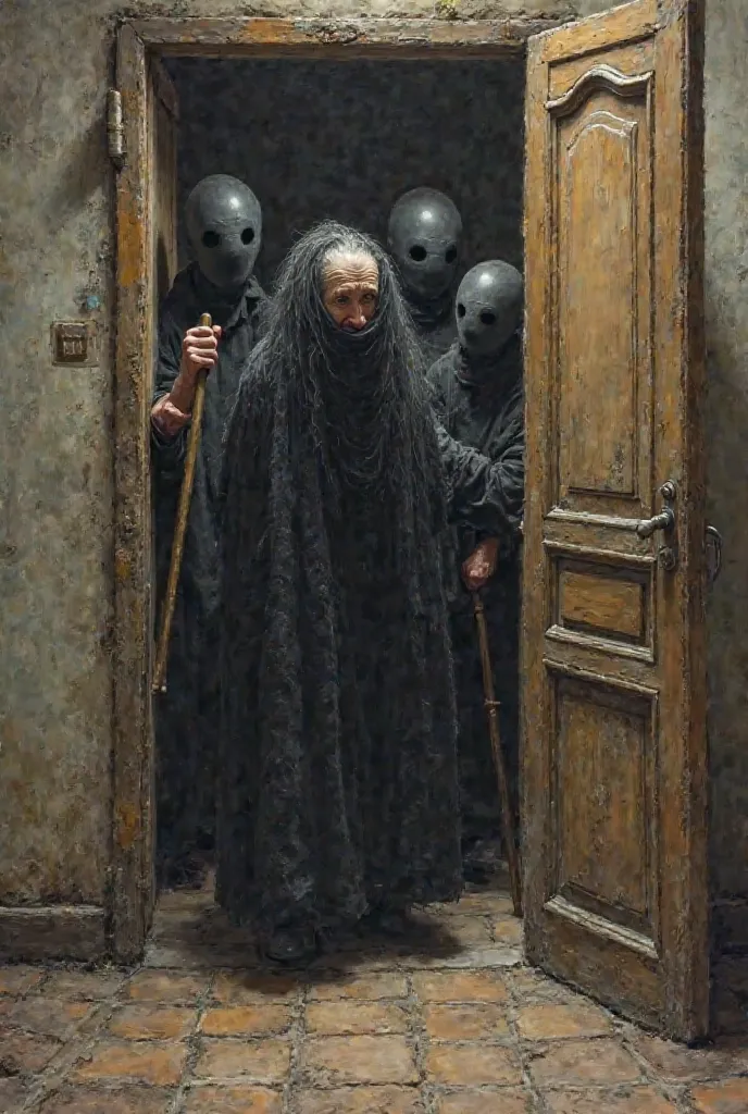 I draw an elderly woman wearing black covered with a piece of black hair while she opens the door of an old room while she is crowded. There are three men wearing black balloons who are angry carrying sticks