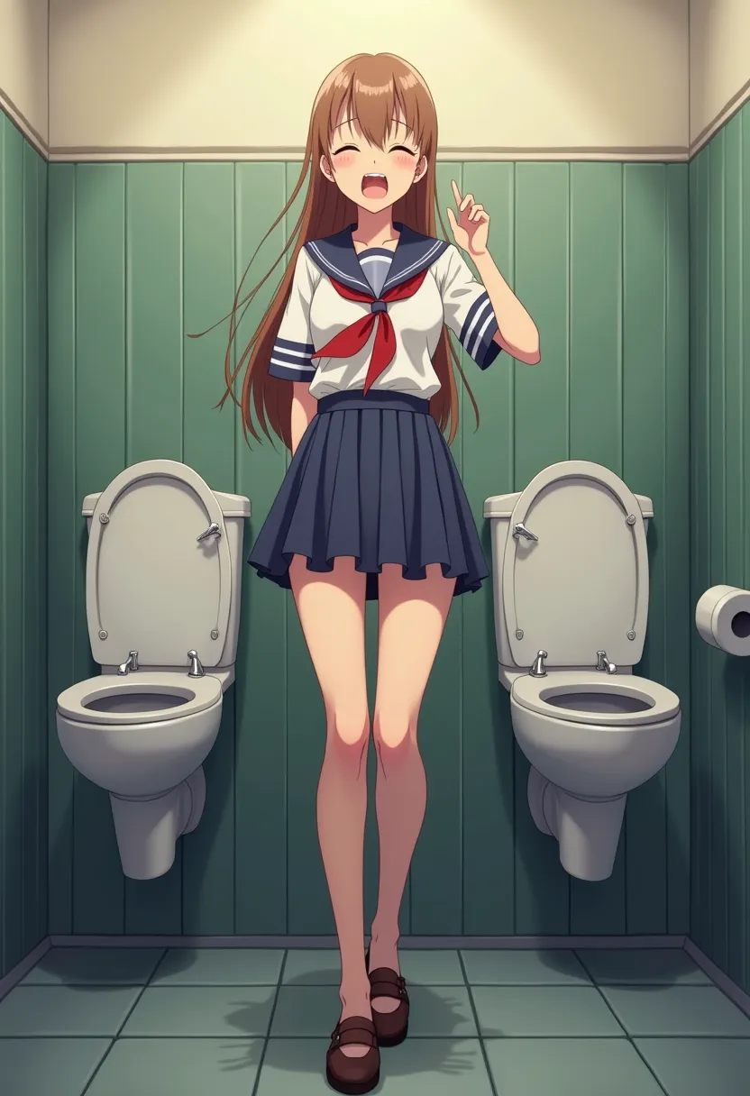 A girl anime,a female student, she is masturbating in the school toilet, she is in a state of orgasm