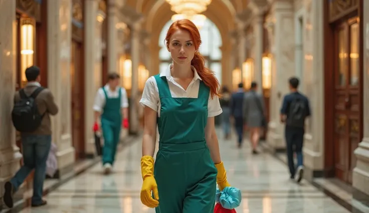 20 year old red-haired woman works as a cleaning lady in a bank real photo