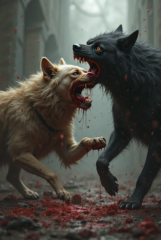 Create an image of two dogs that bite and tear each other apart in a macabre context