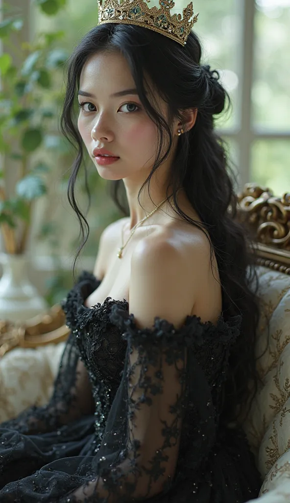  beautiful cutee princessof 18 years(white skin. Green eyes. Black color dress. White skin. Crown on her head. Black hairs) sitting on a beautiful hourse(white colour) in a beautiful place HD. Realistic. High detailsp