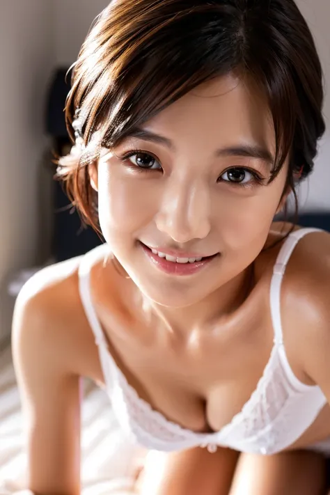 A cute 35-year-old Japanese woman、is standing on all fours in the bedroom。With short black hair、In white underwear、looking at the camera with a smile even though she is slightly embarrassed。