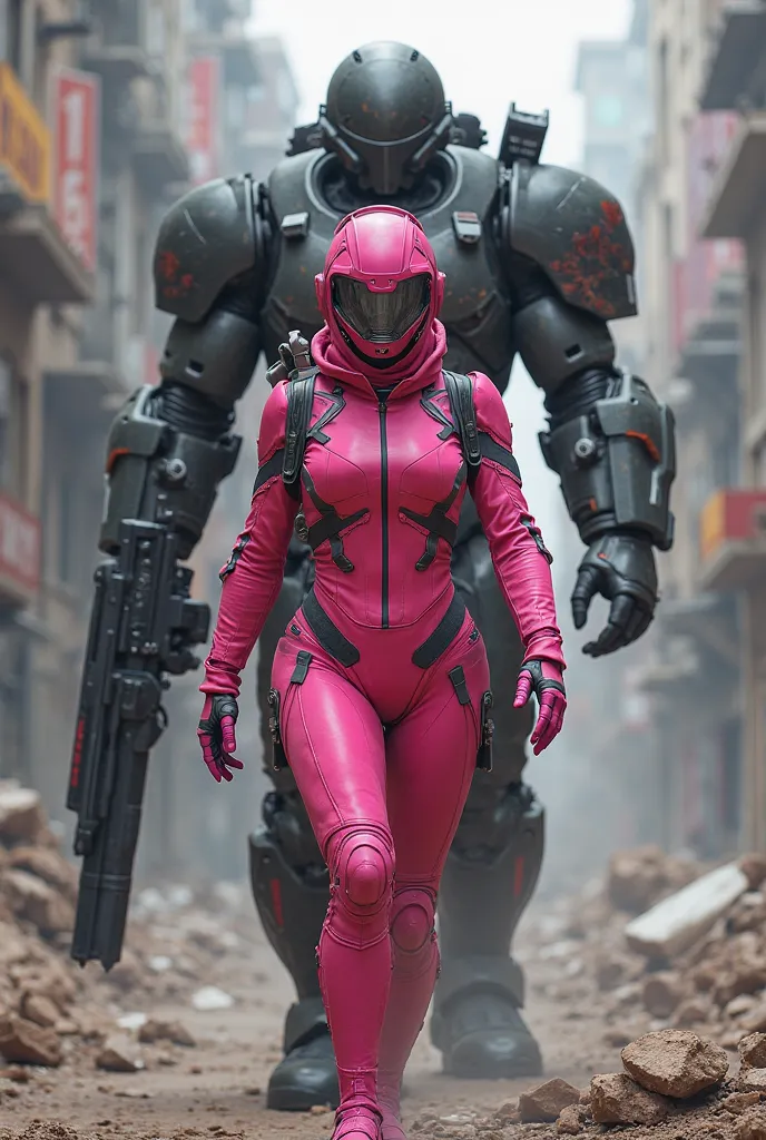 generate a woman based on call of duty mobile who has pink costume and has skills and her protector