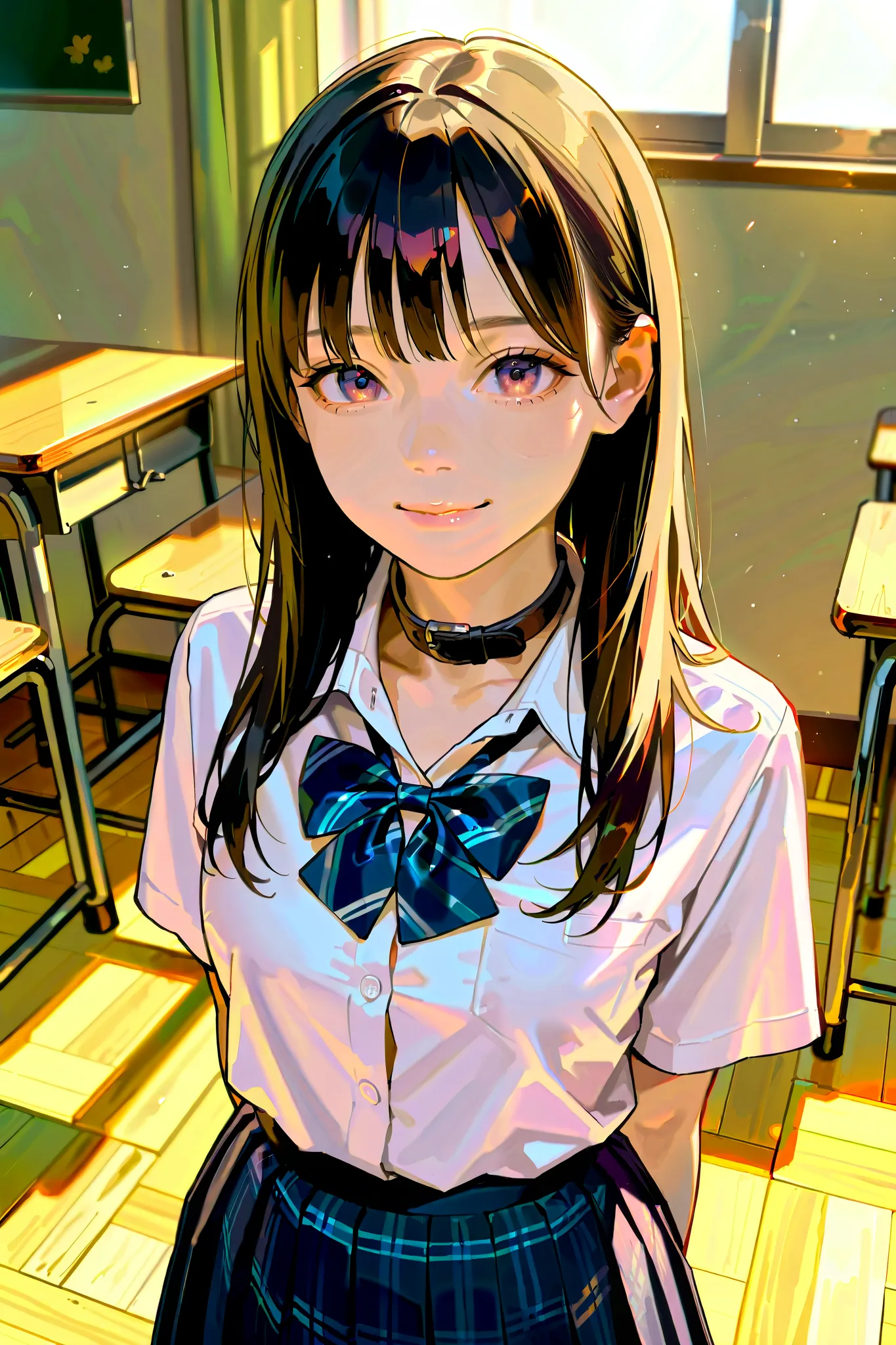 (perfect anatomy)、( one girl )、( smiles at viewers)、(White t-shirt with front buttons with collar and navy blue pleated skirt and plaid bow tie)、( orbital space)、(SCHOOL CLASSROOM)、high resolution pictures of Japanese girls, photo-realistic, realistic,  ma...