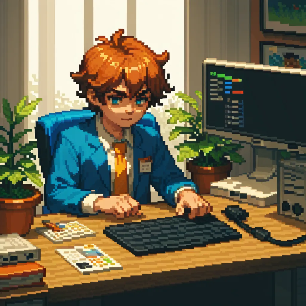 small Pixel, fine Pixel art, 16 bit, yamer_Pixel_fusion, An office that should be a background for an app, 8 K, epic atmosphere, digital art by simon cowell and rachel walpole