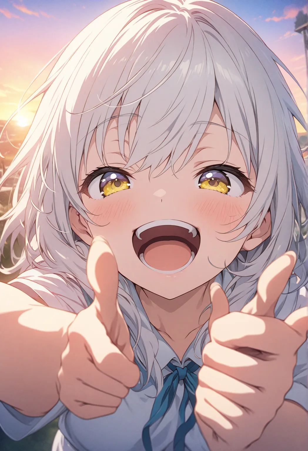 masterpiece, Highest quality, Highly Detailed CG Unity 8k Wallpaper, Sunset background, anime illustration of a high school girl. Gun Pointing Pose、Close your eyes、is opening his mouth, smile.  The background is a pastel colored landscape, White hair color...