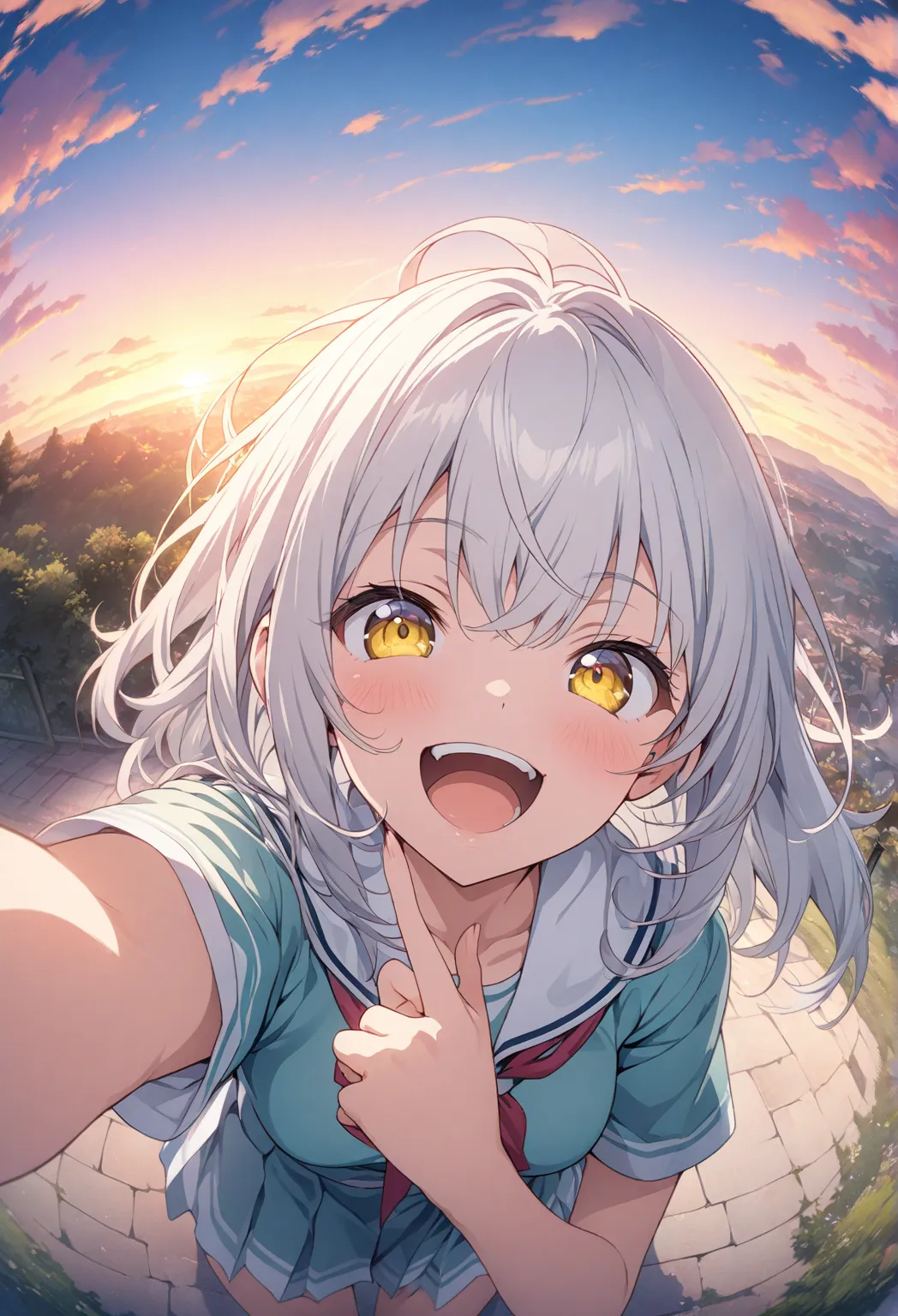 masterpiece, Highest quality, Highly Detailed CG Unity 8k Wallpaper, Sunset background, anime illustration of a high school girl. Gun Pointing Pose、Close your eyes、is opening his mouth, smile.  The background is a pastel colored landscape, White hair color...