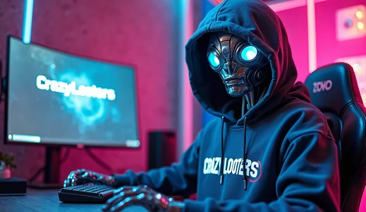 "A futuristic robotic figure sitting in a high-end gaming setup, wearing a sleek hoodie with 'Crazy Looters' written on it. The robot has a humanoid face with glowing blue eyes and a metallic structure, partially concealed by a stylish hood. The background...