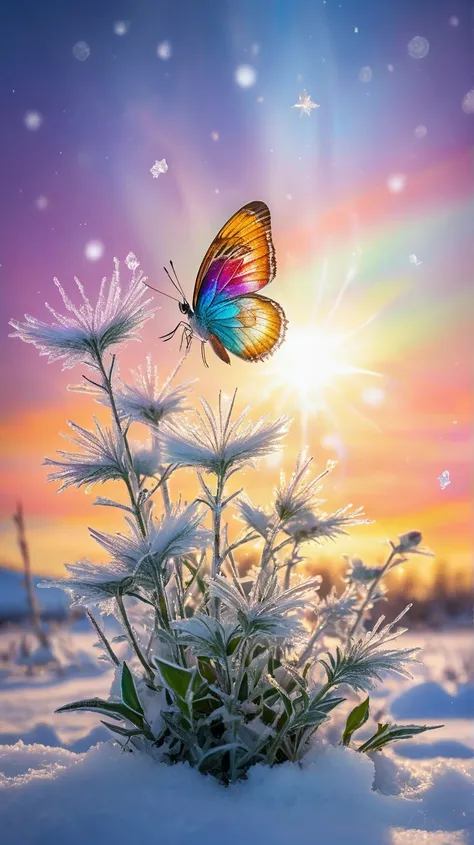 Ice Land、Icy Sun、Ice Light 、Seven Colored Ice Butterflies Flying Around the Flower、Little Bird of Ice、 Snowflakes、 auroras、glitter effect,  lens flare, background blur, Gradation、 Fantastic、