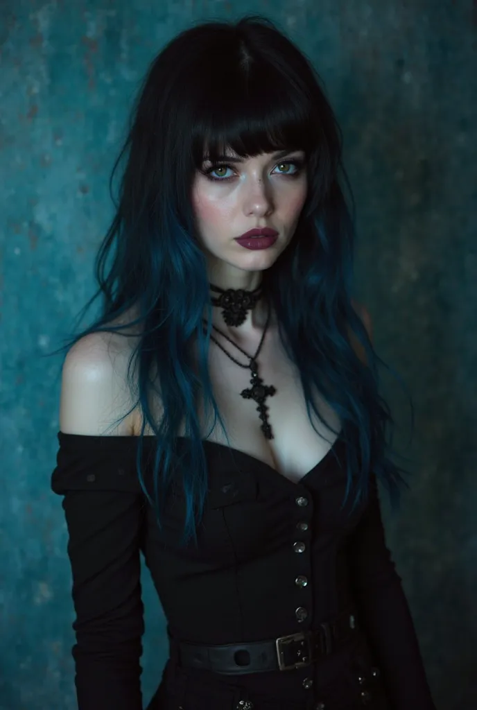 elissa, Black-haired,  with white skin, hazel eye color. The front of her hair is blue the rest is black. She DJs and performs great. A gorgeous woman with a gothic style, always attracts attention with her black earrings and cross necklace. Here is the sc...