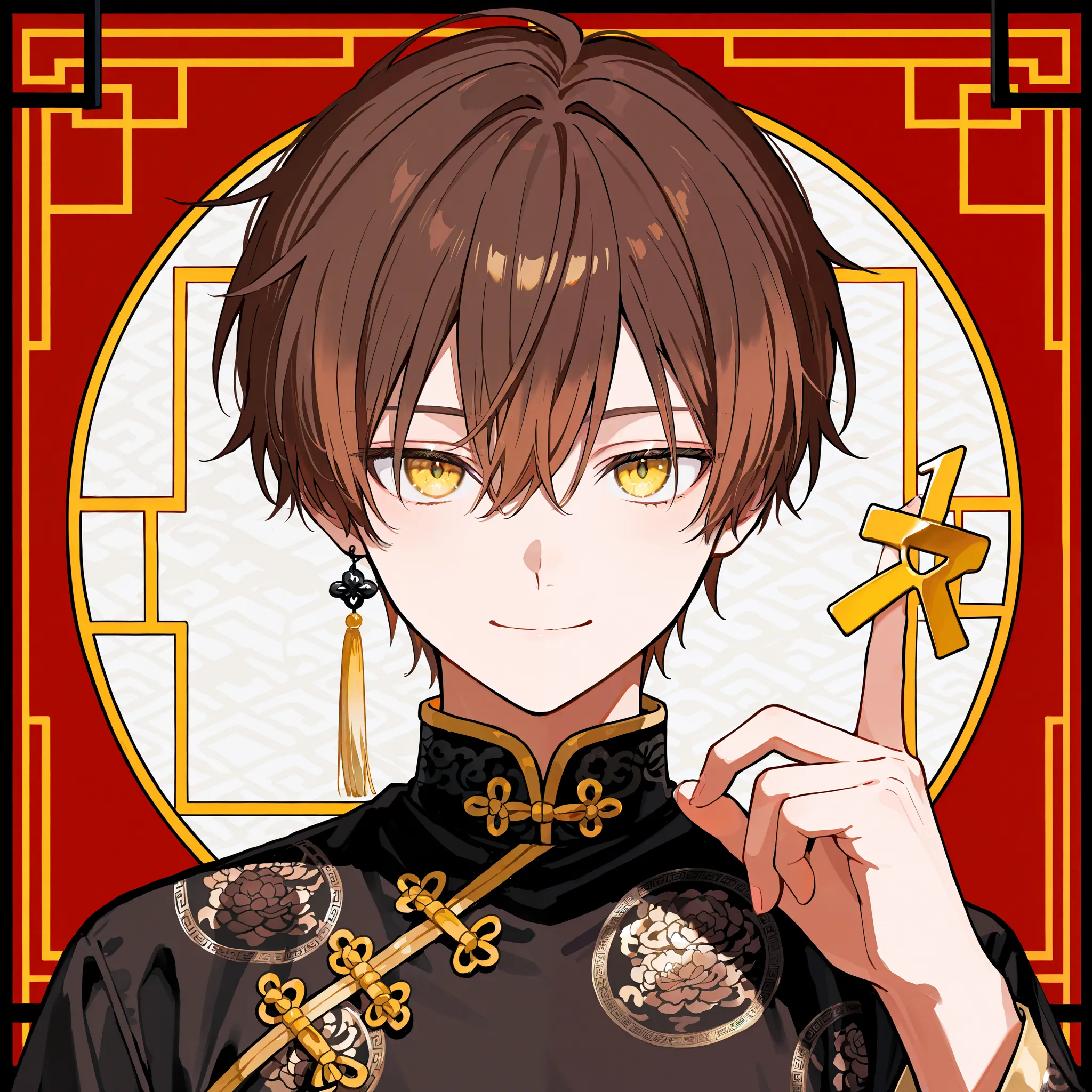 Short Hair　Slightly brown hair　male　Chinese clothes Chinese（Black and White）　not yet　yellow eyes　bust up　Peace sign in hand　smile　Doggy 