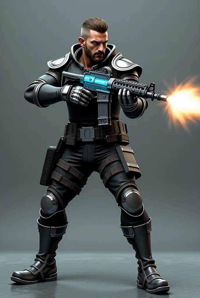 a realistic game character, male, undercut brown hair, Zappa beard, wearing iron chest armor visible, tight leather suit under the armor long sleeve. metallic hand gloves. a tight pant with knee guard and metallic shoe. firing a long heavy machine gun. wea...