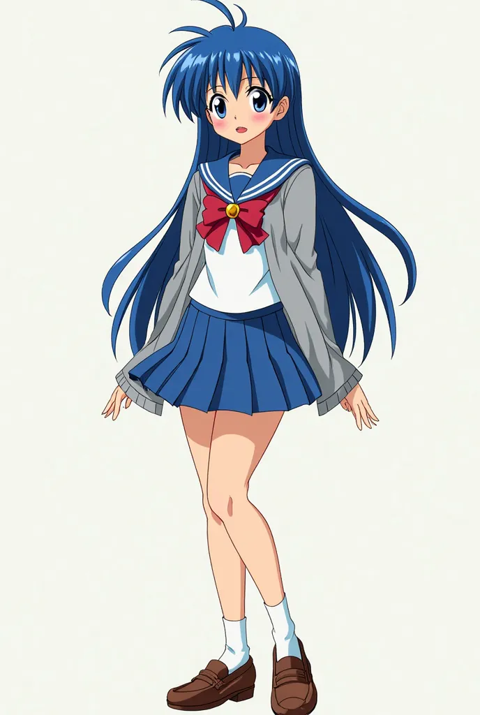 Ami Mizuno aka Sailor Mercury is a ager of average height, she has very long blue hair that reaches her waist, large breasts of D cup size, she wears a school uniform with a gray cardigan, white socks and brown loafers