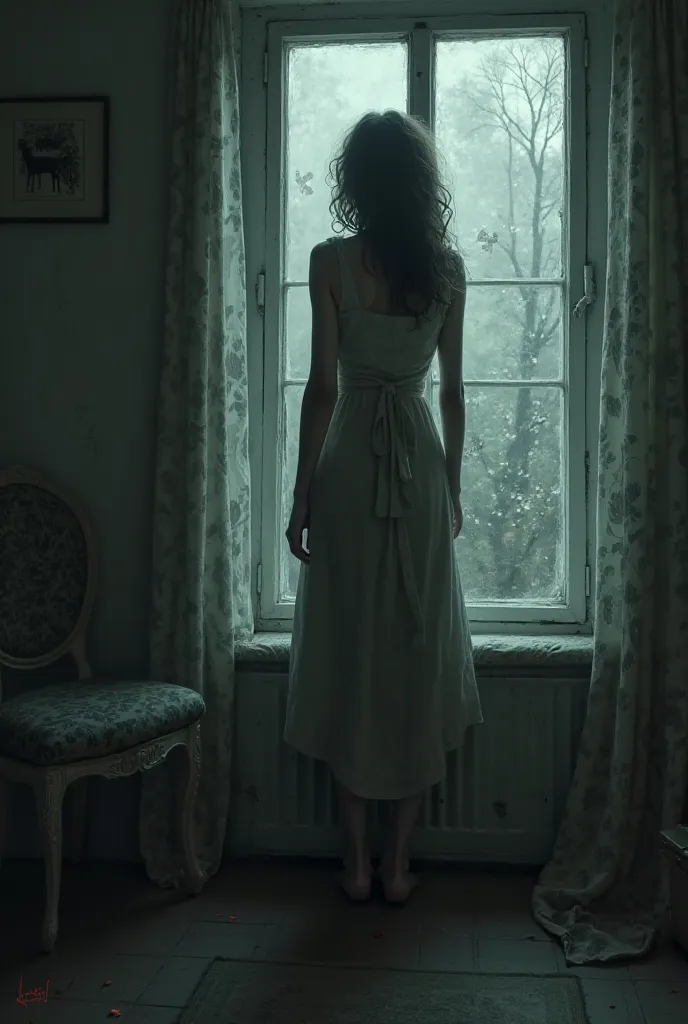 A woman stands by the window, looks out with empty eyes, lonely.
Behind is a cozy but strange-feeling house, empty.
The air of sadness, heavy mood.