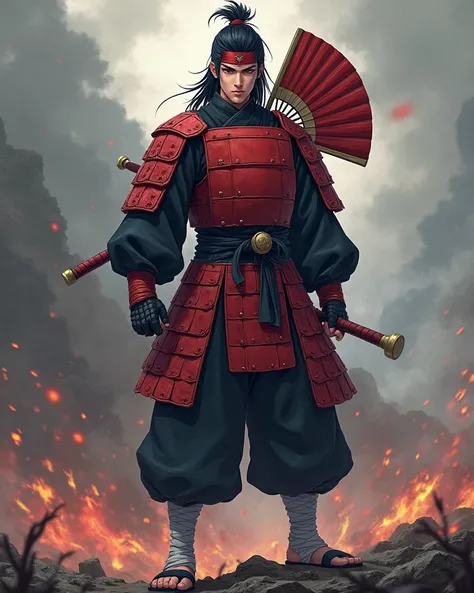 "A highly detailed anime-style warrior wearing a full-body samurai-inspired armor. His segmented, deep red armor (samurai-style plates) fully covers his chest, shoulders, waist, and forearms. Underneath, he wears a dark, form-fitting shinobi outfit, includ...