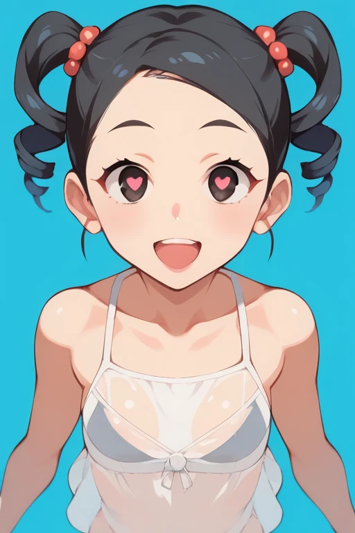  score_9,  score_8_up,  score_8,  source_anime, nsfw，  uncensored，zPDXL3, quality_ masterpiece, anatomically accurate, 1 girl,  Low， Body， chibi, alone,  black hair, twin tails from above, twin drill ,  short hair,  dark eyes, , See-through white swimsuit ...