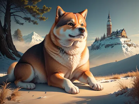  nature,  Scenery,  Europe, fat Shiba Inu  ,Photorealistic,  Highly realistic , extreme detail,  high chromatic realism , Impressive Realistic High Contrast Realism,  high chromatic realism , bright colors, Dramatic Lighting,  魅惑的な Scenery , A fascinating ...