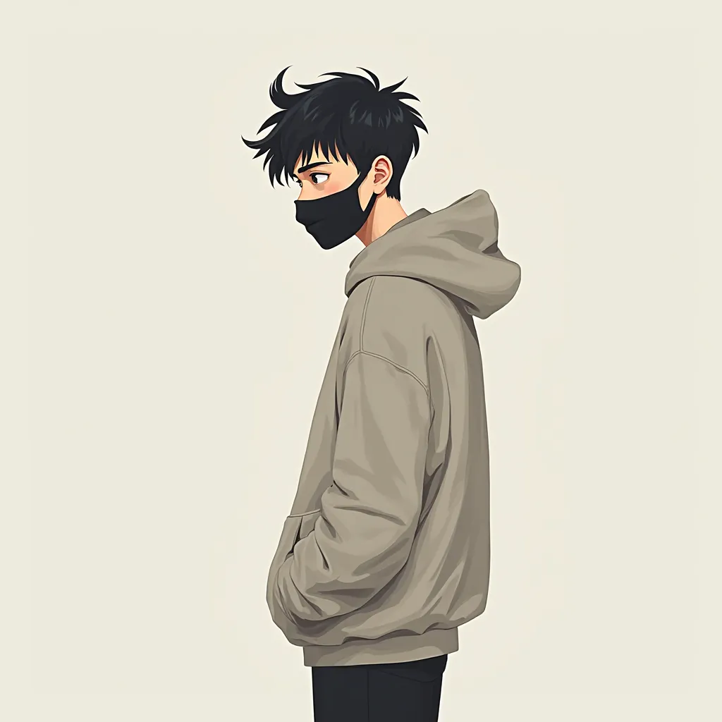 simple stuff 、1 Man、 hoodie、 is wearing a hood、Hairstyle with raised bangs、Hair Tip Perm 、I'm wearing a mask not a mask、 sideways、simple background, 