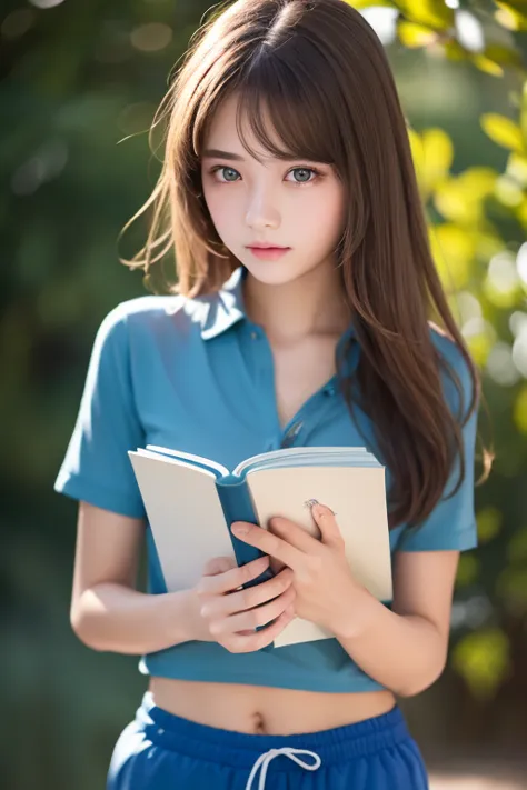 masterpiece, top quality , ultra detail), Portrait of an 18-year-old woman with light brown hair, Green round eyes, blue shorts ( Technical Background ) and reading a brown book - Auto Ultra Realistic