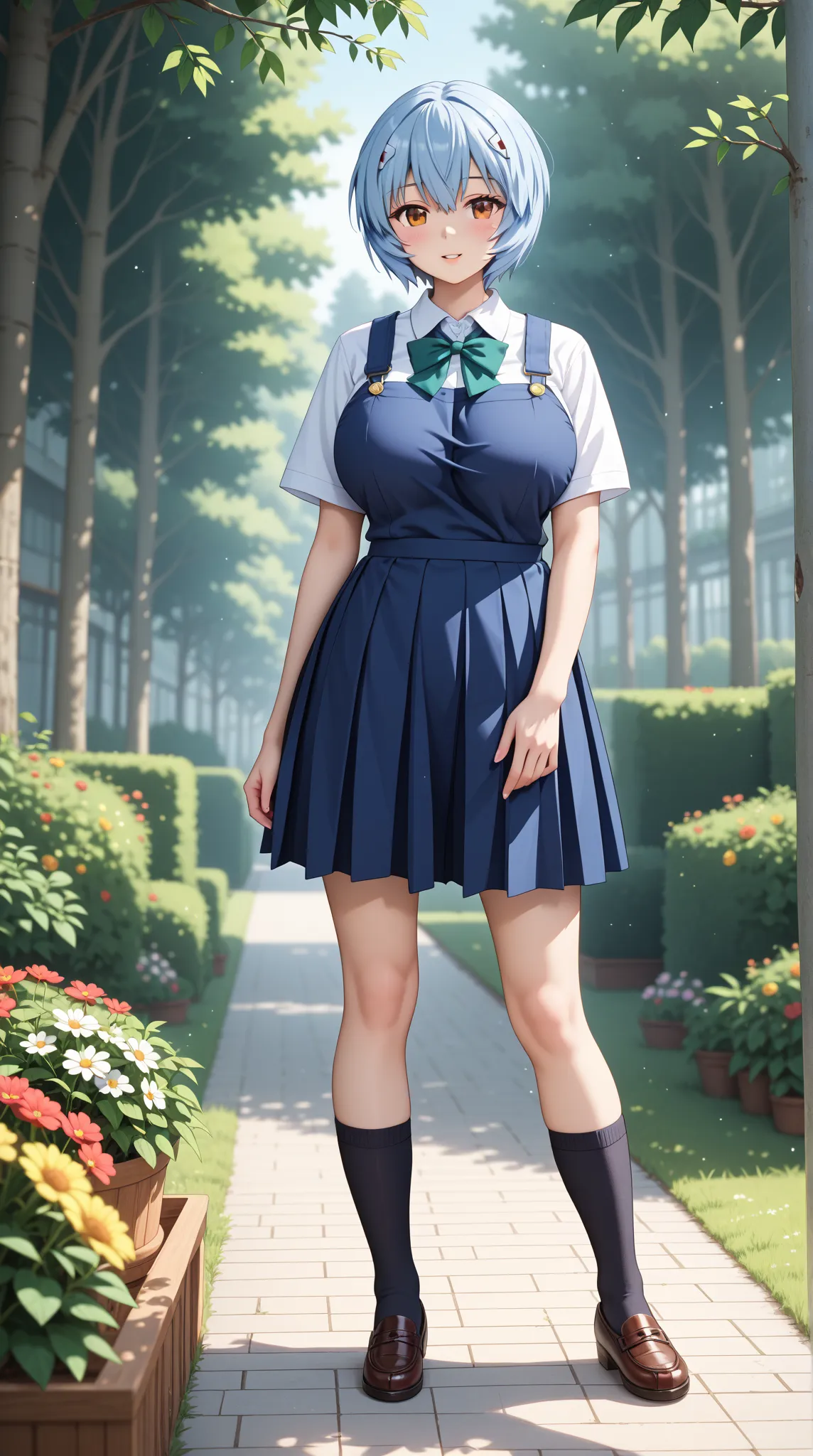 (UHD, retina, masterpiece, accurate, anatomically correct, super detail, high details,   highres, 1080P, 16k、high detail RAW color art:1.3)、 ( Ayanami Rei:1.3)、(short hair、light blue hair:1.3)、(very gigantic breasts:1.5)、(shiny skin:1.3)、(school uniform, t...